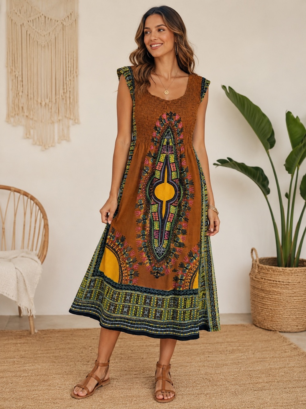 Vintage Boho Dashiki Print Smocked Sundress Brown Yellow Tribal Sleeveless Dress